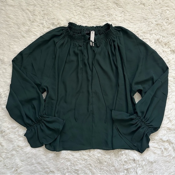 Madewell Blouse Long-Sleeve Tie-Neck Top Semisheer Luxury Forest Green M NWT New - Picture 3 of 12